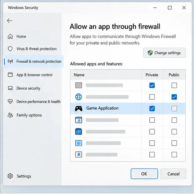 La lista de aplicaciones permitidas del firewall de Seguridad de Windows resalta una aplicación de juego genérica en una red privada mientras el firewall permanece activado.