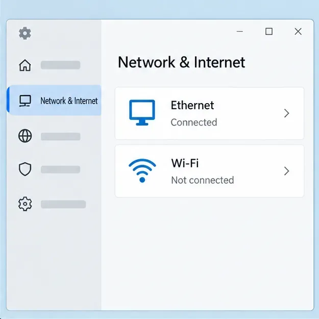 Una ventana de configuración de red e Internet al estilo de Windows muestra que la conexión Ethernet está conectada y la conexión Wi-Fi desconectada, lo que ilustra una prueba de conexión por cable.