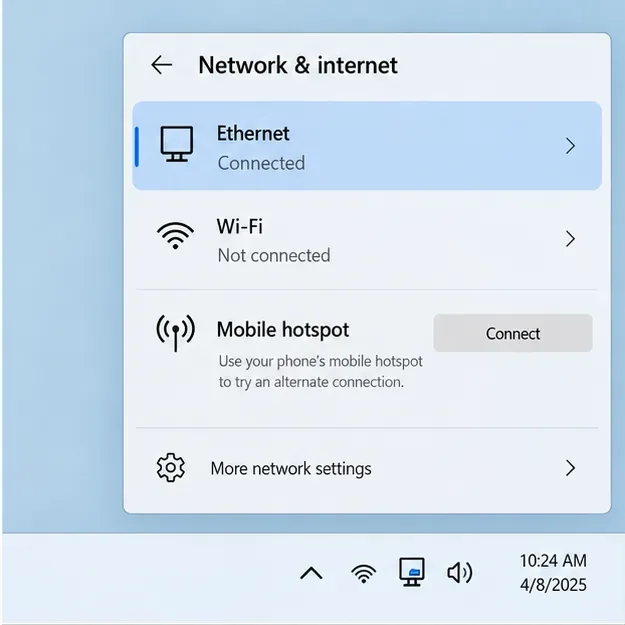 En la ventana de configuración de red se muestran las opciones de Ethernet, Wi-Fi y un punto de acceso móvil para probar una conexión a Internet alternativa.
