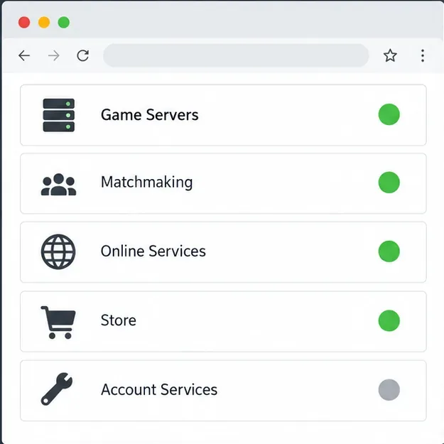 Un panel de control genérico de servicios de juego muestra indicadores verdes para los servidores de juego, el emparejamiento, los servicios en línea y la tienda, con un indicador gris para los servicios de la cuenta. Esta es una interfaz ilustrativa, no muestra el estado real de los servidores de Street Fighter 6.