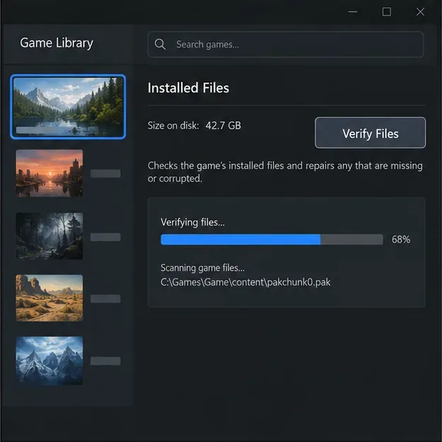 Una biblioteca de juegos genérica para PC muestra una sección de Archivos instalados y un botón de Verificar archivos con una barra de progreso de verificación.