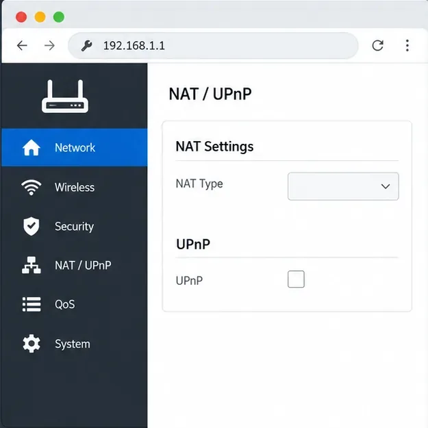 Una interfaz de administración de enrutador genérica muestra la configuración de NAT y UPnP sin indicar ninguna configuración recomendada.
