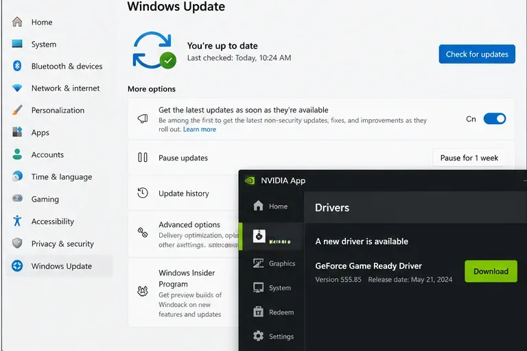 Página de Windows Update con una utilidad de actualización de controladores gráficos mostrada en primer plano.