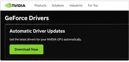 Página de controladores NVIDIA GeForce que muestra actualizaciones automáticas de controladores y un botón de Descargar ahora.