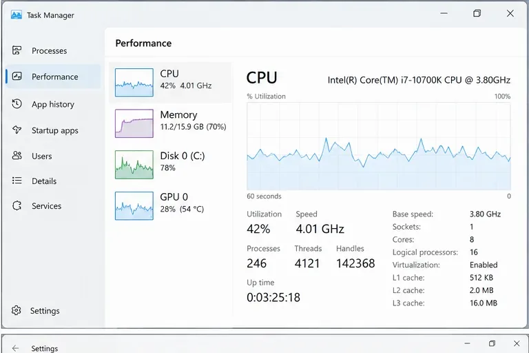 Vista de rendimiento del Administrador de tareas de Windows que muestra el uso activo de la CPU, la memoria, el disco y la GPU.