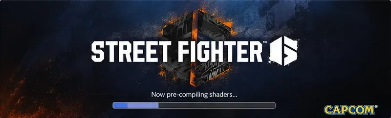 Pantalla de precompilación de sombreadores ancha al estilo de Street Fighter 6 con una barra de progreso cerca del inicio.