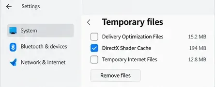 Configuración de archivos temporales de Windows con la caché de sombreado DirectX seleccionada y un botón para eliminar archivos.