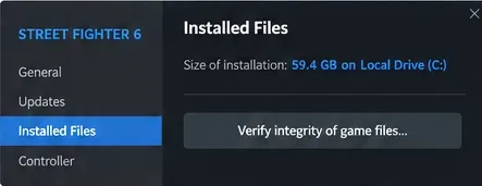 Primer plano de los archivos instalados en Steam que muestra el botón "Verificar la integridad de los archivos del juego" para Street Fighter 6.