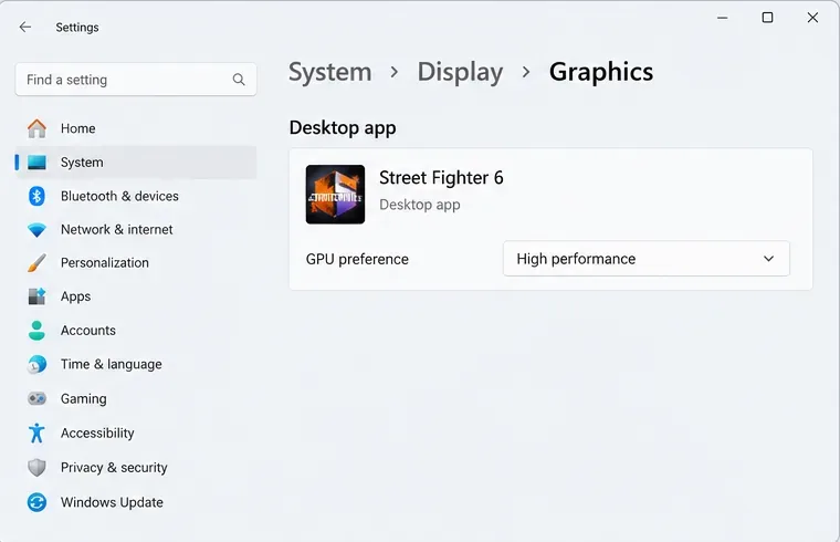Windows 11 Settings System, Display, Graphics page with Street Fighter 6 set to High performance