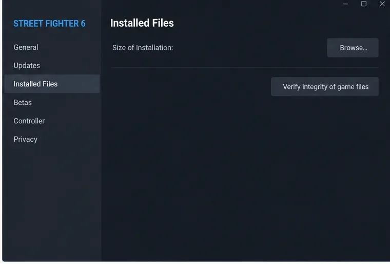 Steam Properties for Street Fighter 6 open to Installed Files with the Verify integrity of game files button