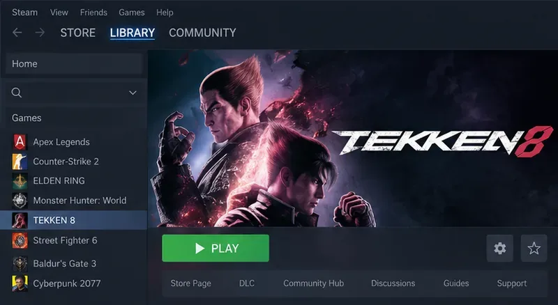 Vista de la biblioteca de Steam con TEKKEN 8 seleccionado en la lista de juegos.