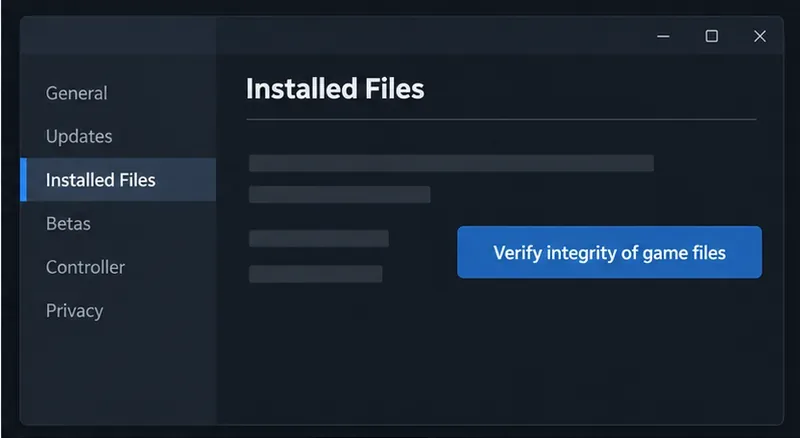 Simplified Steam Properties window with Installed Files selected and Verify integrity of game files visible