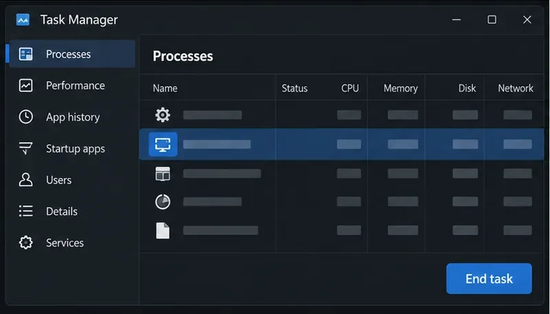 Simplified Windows Task Manager process list with a background app selected and End task button visible
