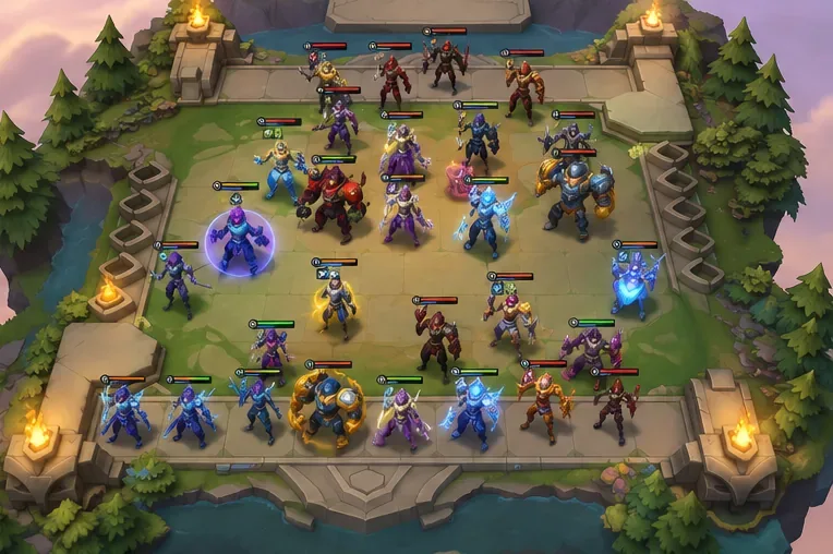 A second crowded TFT-style battle board shown from above for comparing a repeat late-game test