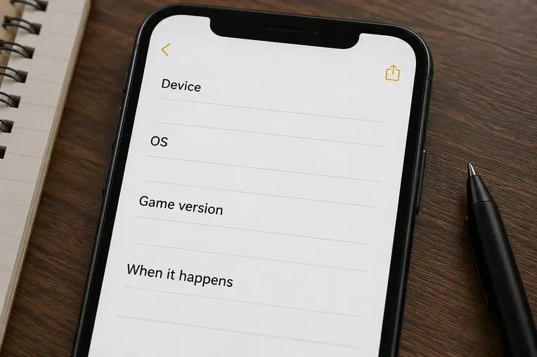 A phone note listing Device, OS, Game version, and When it happens as details to record for troubleshooting