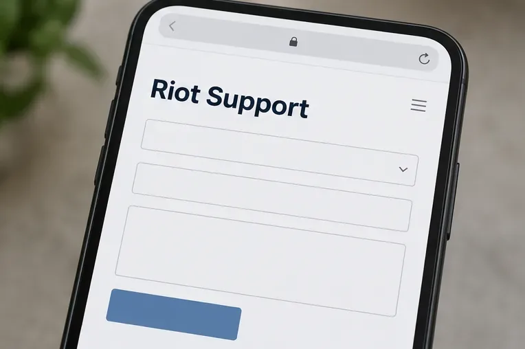 A phone browser displaying a Riot Support page with simple blank support form fields
