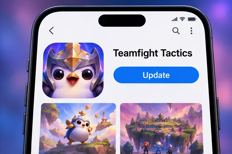 A phone app-store listing for Teamfight Tactics with a prominent Update button