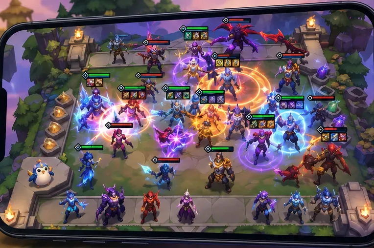 A crowded TFT-style mobile battle board filled with champion units, health bars, and overlapping spell effects