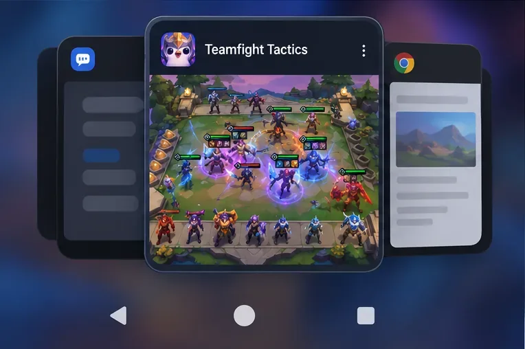 A phone recent-apps view with the Teamfight Tactics match shown as one of several open app cards