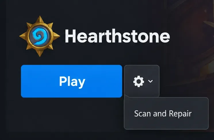 Hearthstone launcher controls with Play, an Options cog, and Scan and Repair visible.