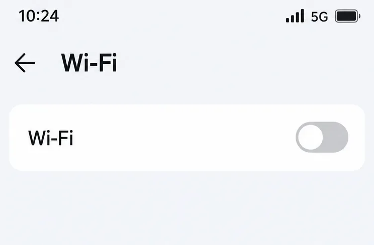 Mobile Wi-Fi settings with the Wi-Fi toggle off and a cellular signal indicator visible.