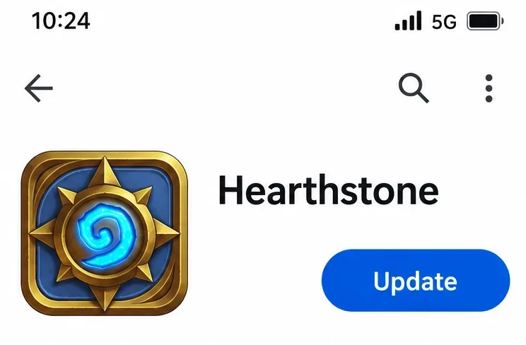 Hearthstone app listing with its icon and a blue Update button.