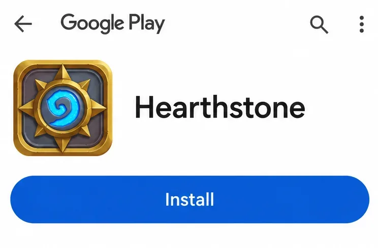 Google Play Hearthstone listing with the app icon and a blue Install button.