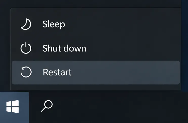 Windows power menu with Sleep, Shut down, and a highlighted Restart option.