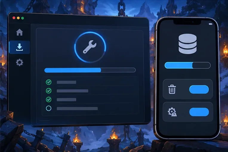 Aparece un escaneo de reparación del lanzador de juegos junto a un panel de almacenamiento de aplicaciones del teléfono con un control de caché.