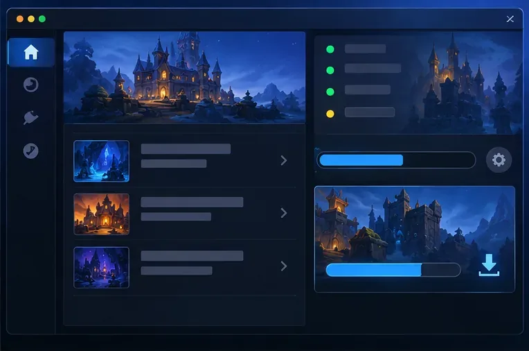 Un panel de actualización del juego se encuentra junto a una lista de estado con varios indicadores verdes y un indicador amarillo.