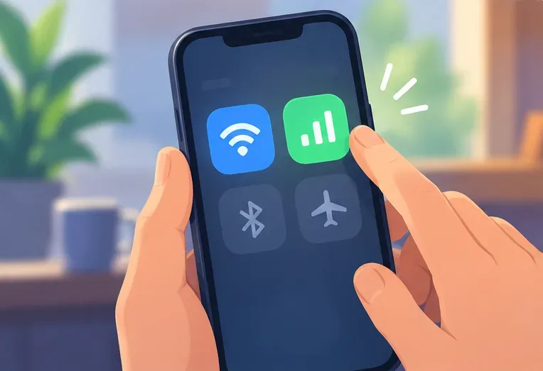 Una mano cambia un teléfono inteligente de una conexión Wi-Fi a datos móviles.