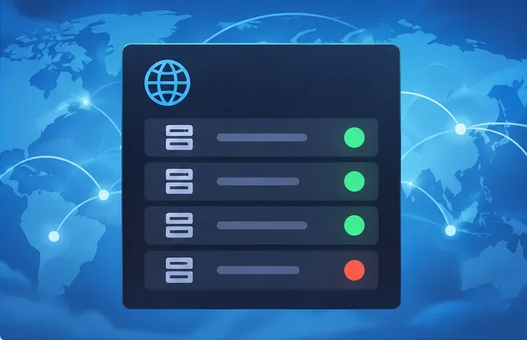 Un panel genérico de estado del servicio muestra varios indicadores verdes y un indicador rojo.