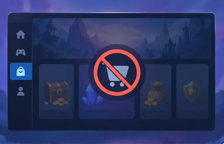 Un panel de una tienda de juegos de cartas de fantasía aparece atenuado bajo un símbolo de carrito de compras tachado.