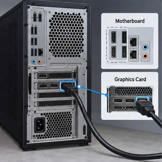 The rear of a desktop tower shows a monitor cable connected to the graphics card ports below the motherboard ports.