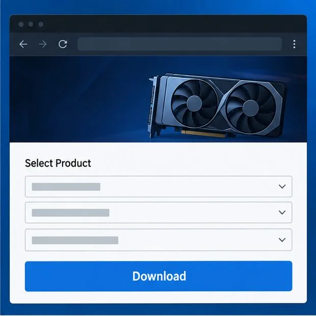 A graphics-card support page shows product selection fields and a driver download button.