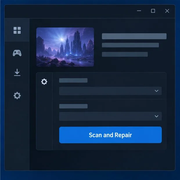 A generic game launcher settings panel displays a Scan and Repair button.