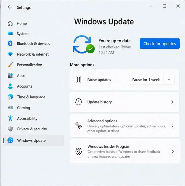 Windows 11 Settings open to Windows Update with a Check for updates button.