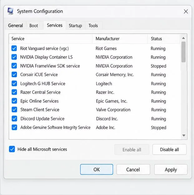 Windows System Configuration Services tab with Hide all Microsoft services checked.