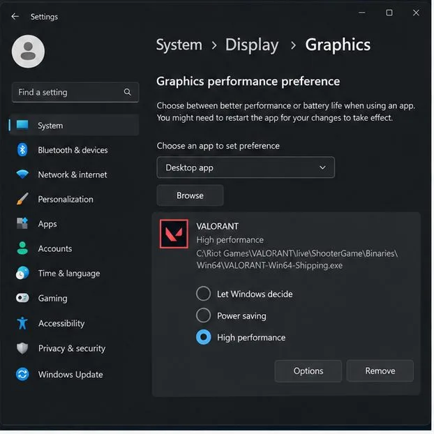 Windows 11 Graphics preferences showing VALORANT assigned to High performance.