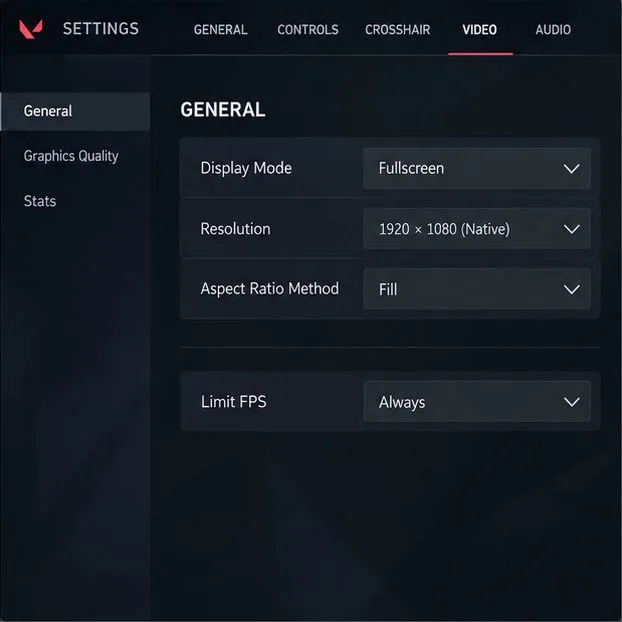VALORANT Video General menu showing Fullscreen display mode and the Limit FPS Always control.