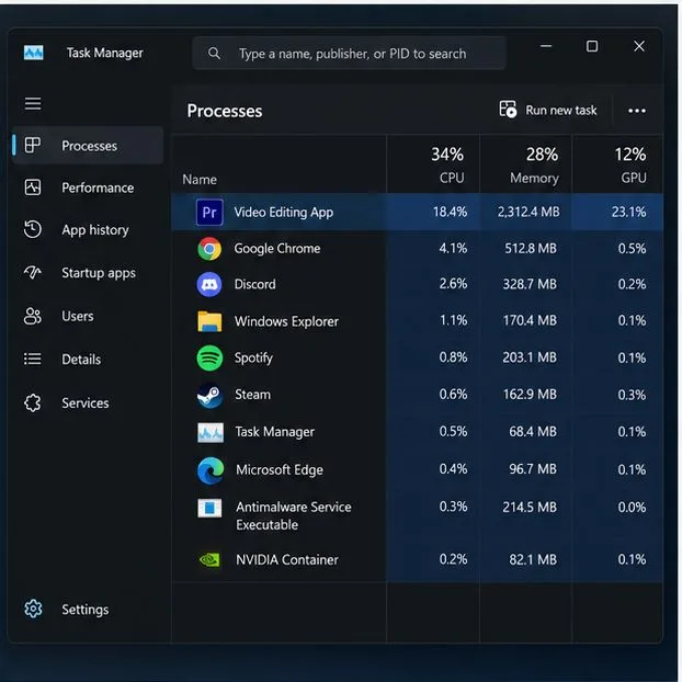 Windows 11 Task Manager Processes view with CPU, memory, and GPU columns.