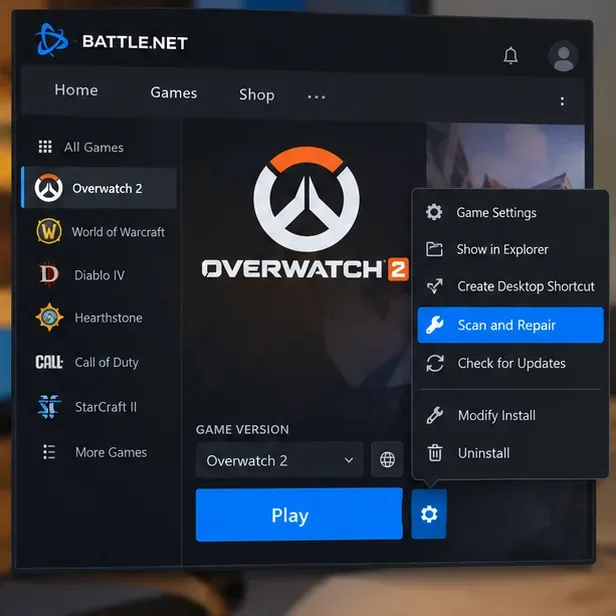 Battle.net Overwatch 2 game page with the settings menu open and Scan and Repair highlighted