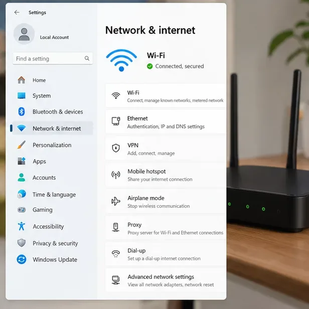 Windows Network and internet settings showing an active secured Wi-Fi connection next to a home router