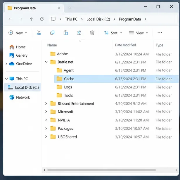 Windows File Explorer open to C drive ProgramData with the Battle.net cache area highlighted