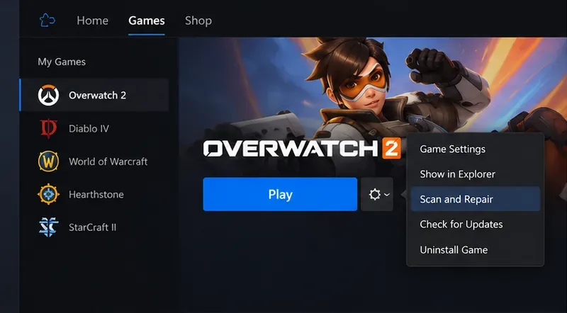Battle.net-style game library with Overwatch 2 selected and the Scan and Repair option highlighted