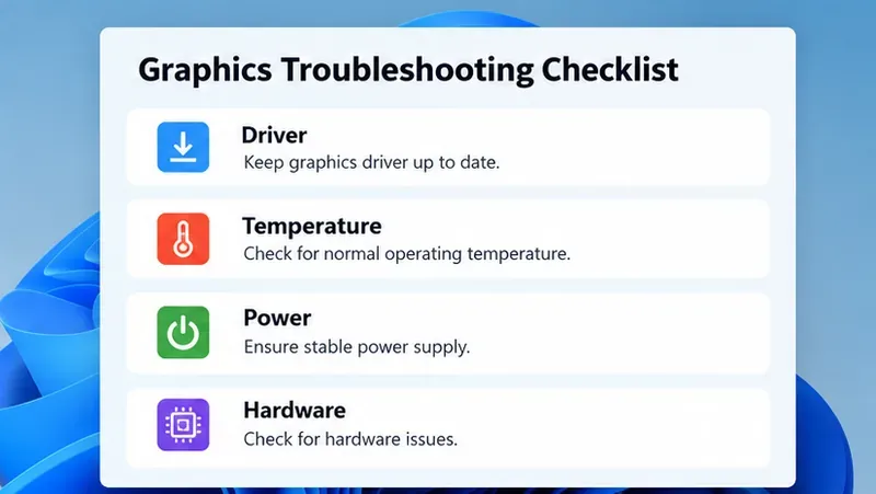 A graphics troubleshooting checklist listing driver, temperature, power, and hardware checks