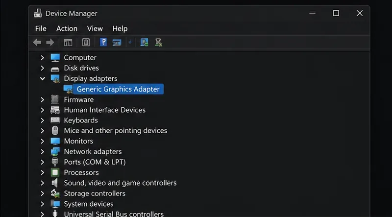 Windows Device Manager with Display adapters expanded and a generic graphics adapter selected