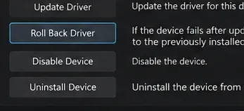 The Roll Back Driver control in a Windows graphics adapter properties dialog