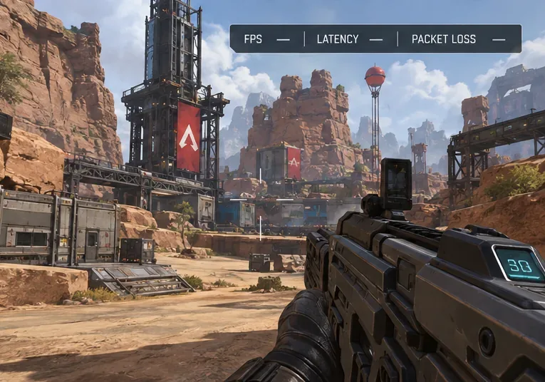 Vue d'une partie d'Apex Legends avec une petite superposition d'informations de performance indiquant les FPS, la latence et la perte de paquets.