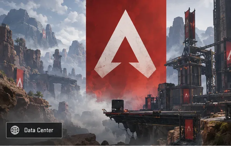 Écran de lancement d'Apex Legends avec un bouton Centre de données en bas à gauche